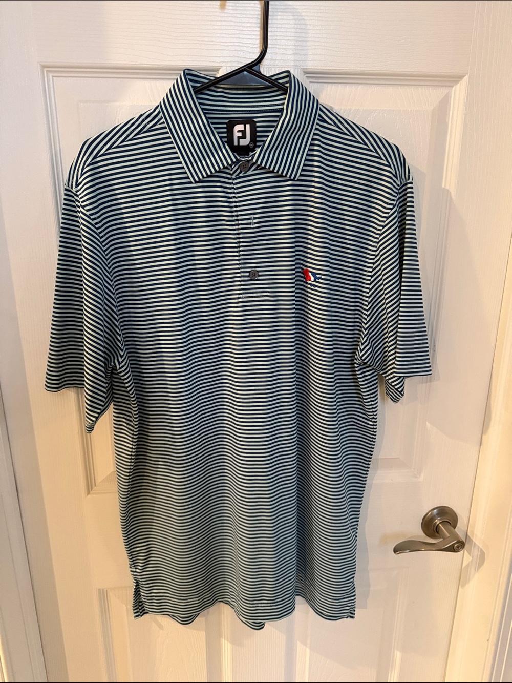 FootJoy Men's Navy and White Striped Polo, Skaneateles CC Logo